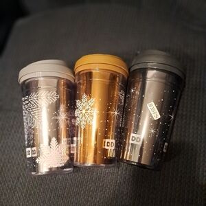 Dunkin Donuts 3 15oz plastic travel mugs, gray, silver, bronze, snowflake design